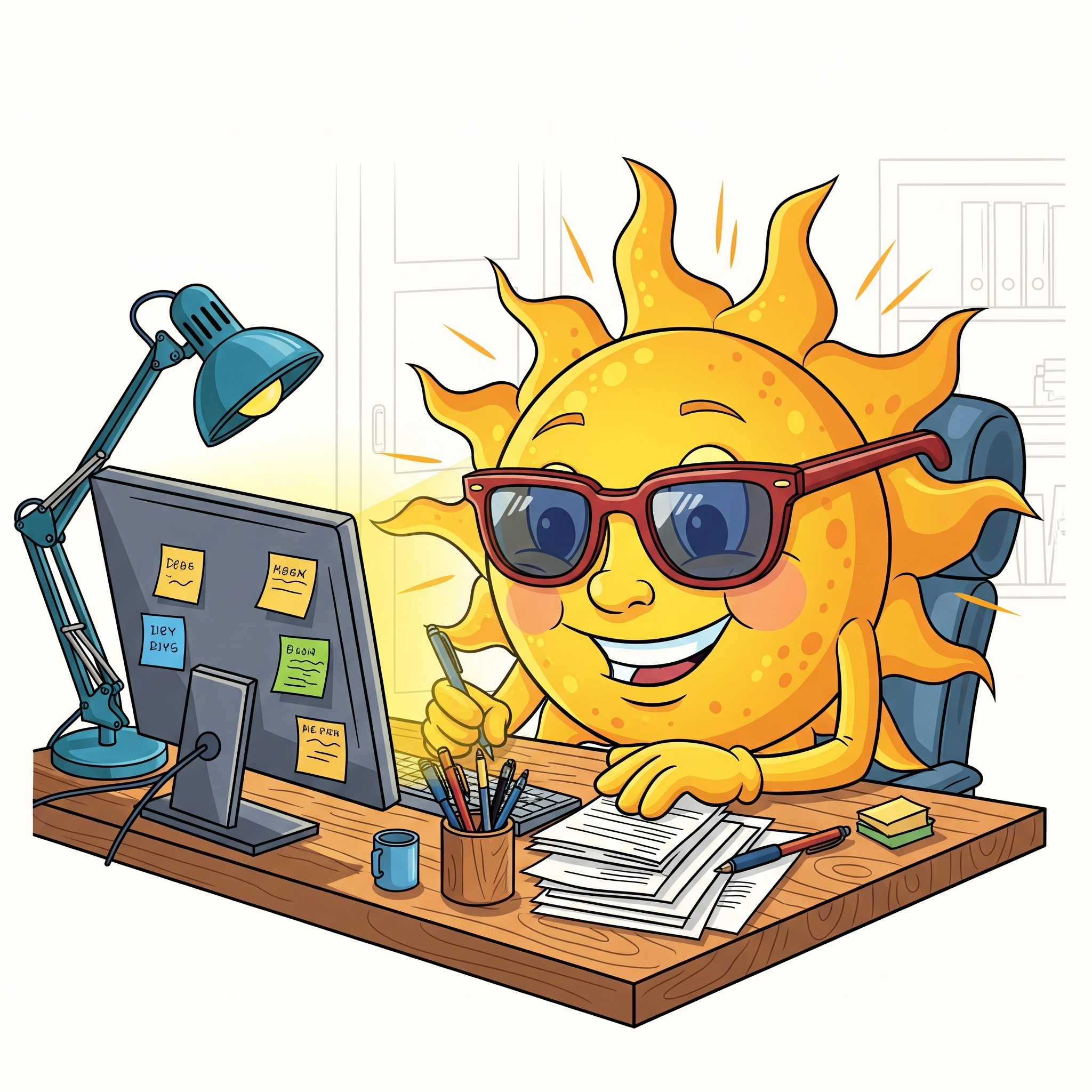 Image of the sun working a desk. Cartoon.